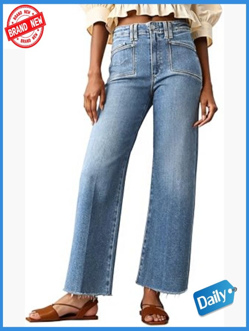 High Waisted Cropped Jeans Raw Hem Baggy Straight Leg